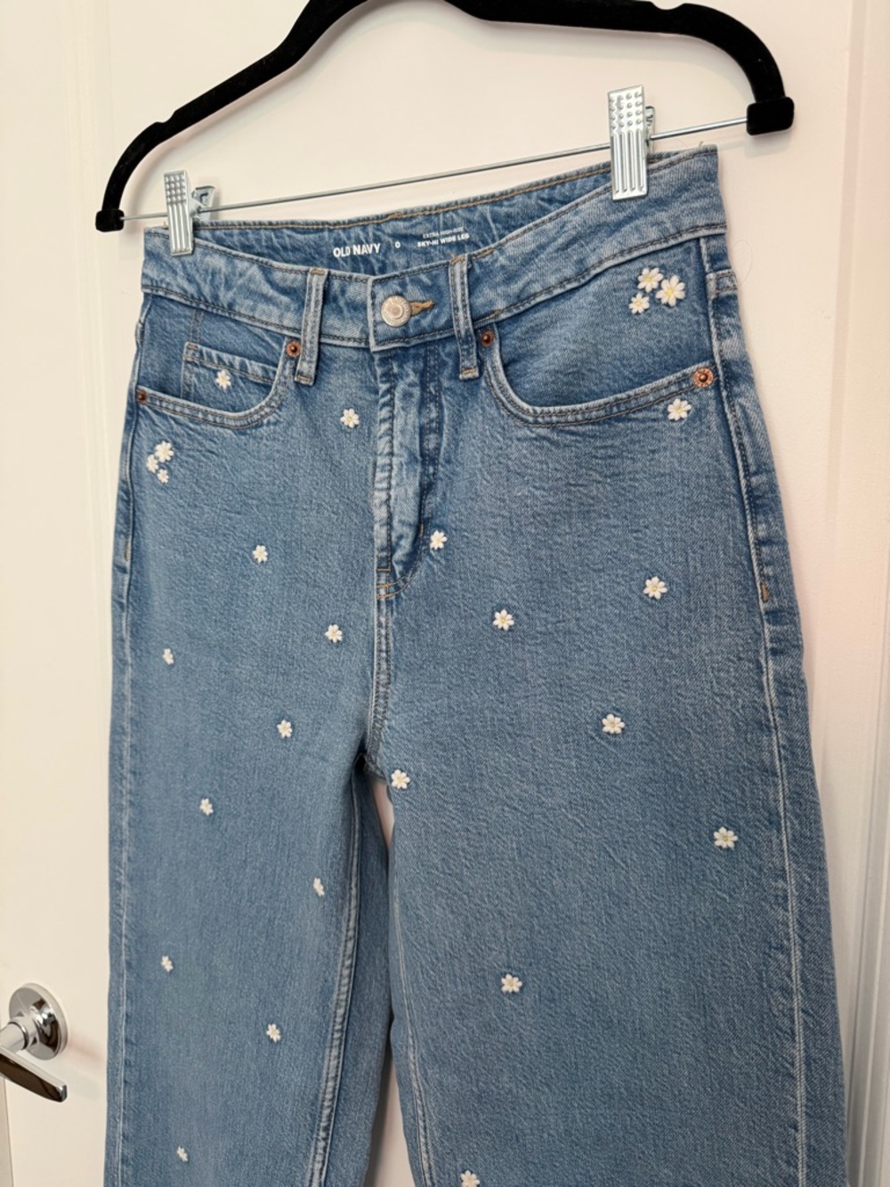 Old Navy Sky-Hi Wide Leg Jeans with White Daisy Embroidery